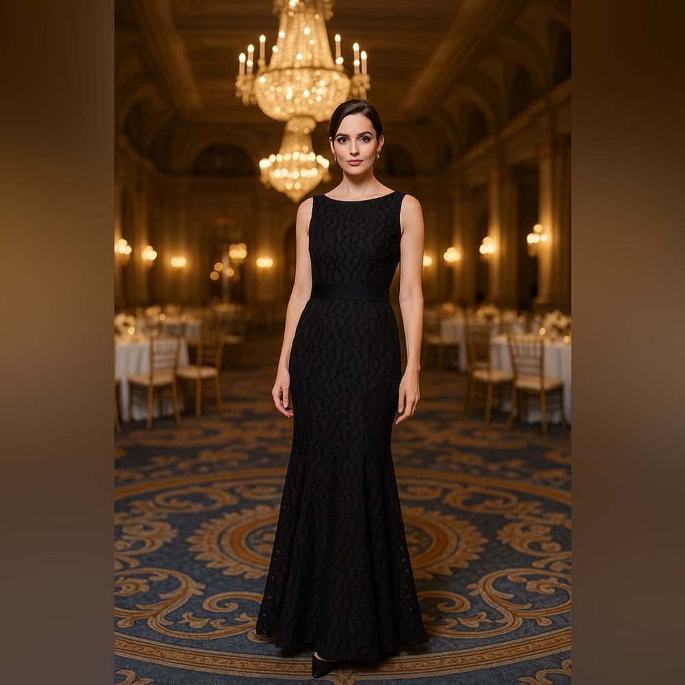 St. John Black Lace Pattern Sleeveless Gown Long Maxi Dress Sz 10 Formal Evening - Picture 1 of 17